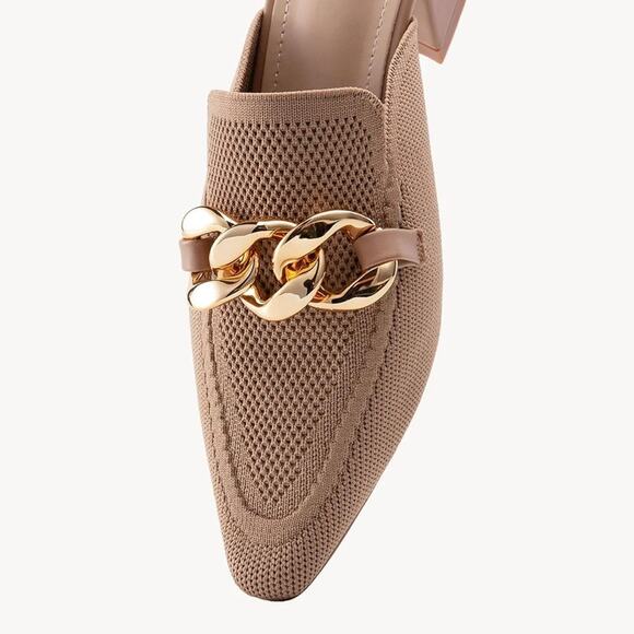 Newbella NWT Women's Knit Mesh Pointed Toe Heeled Mules Gold Link Apricot Size 8 - Picture 3 of 10
